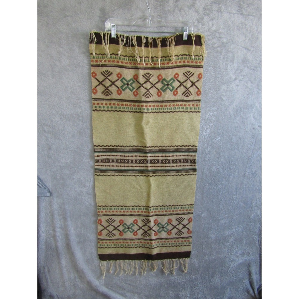 Vintage Turkish Kilim Woven Wool Wall Hanging Fringed Tan Brown Area Rug Decor
